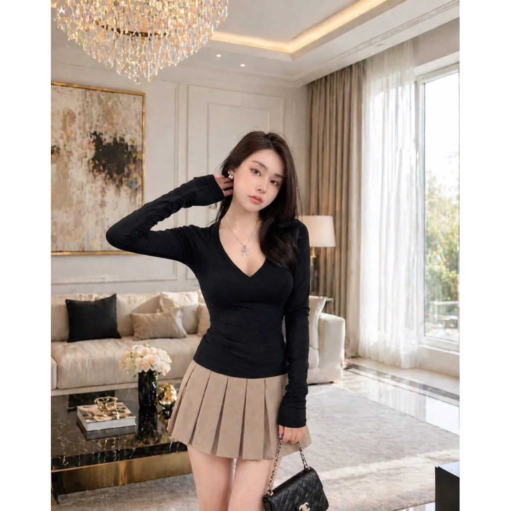 PQ13-Áo thun nữ cổ tim tay dài PQ chất bozip Han mềm mịn ôm body co giãn 4 chiều