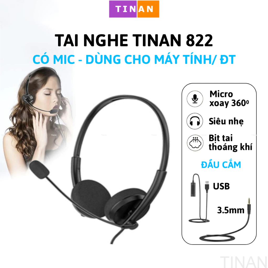 [Đầu Cắm USB] Tai Nghe Có Dây TINAN BW822 Kèm Mic, Thích Hợp Dùng Chăm Sóc Khách Hàng, Học Online