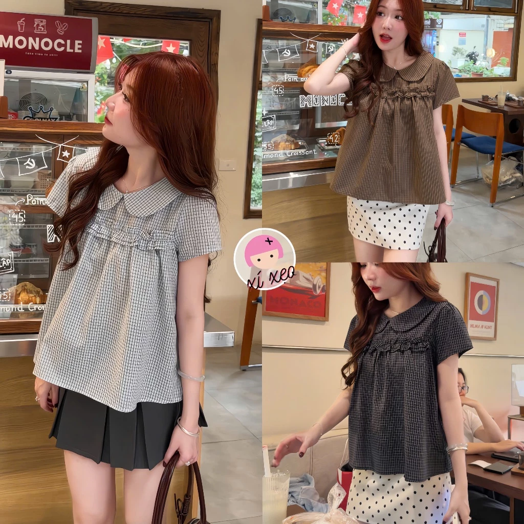 Áo sơ mi kẻ caro dáng rộng tay ngắn cổ sen bèo ngực xixeoshop - A43