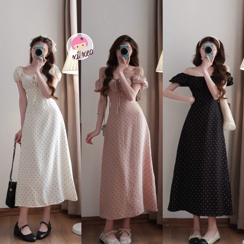 Váy cổ vuông chấm bi thắt nơ dáng dài phong cách tiểu thư xixeoshop - V107