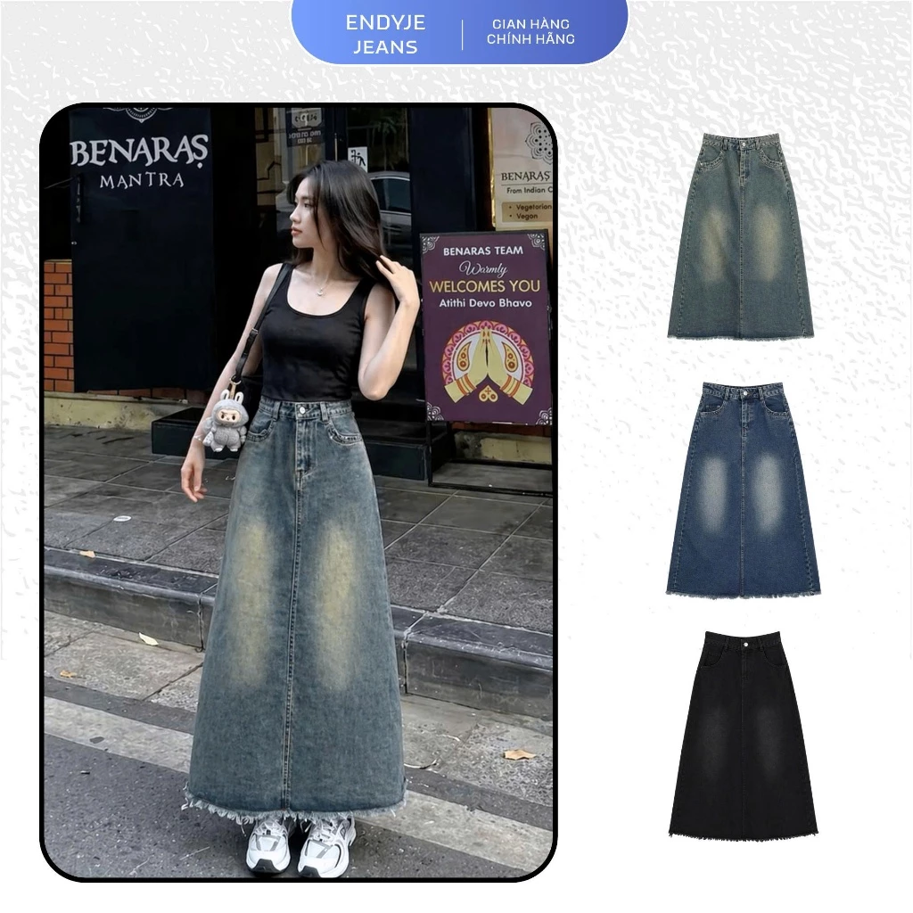 Chân váy jeans nữ dáng dài cạp cao xẻ tà tua gấu siêu xinh xắn đáng yêu cho mùa hè ED41