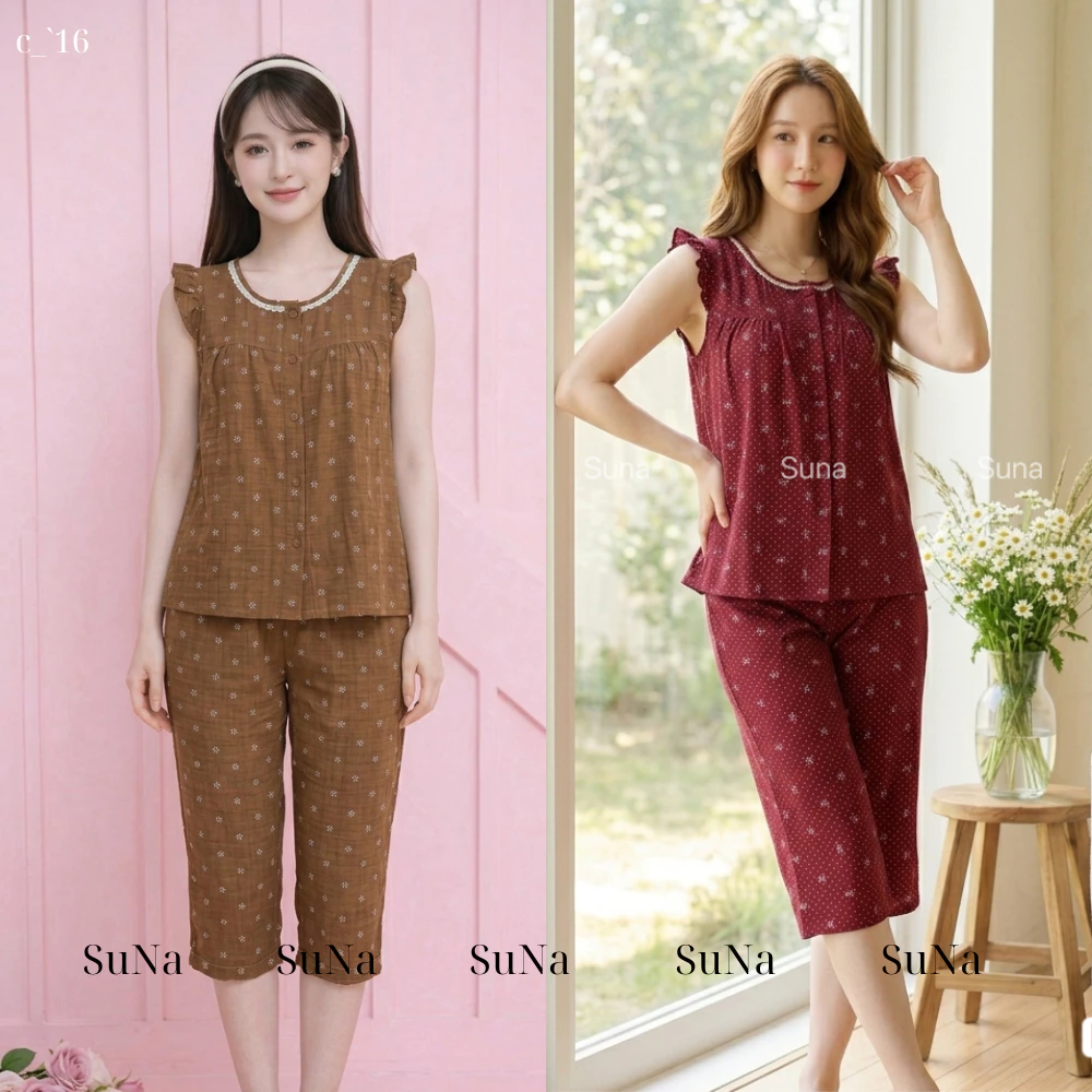 C16 Bộ Đồ Ngủ Mặc Nhà Suna Sát Nách Quần Đùi Chất Thô Đũi Mềm Mại Thoải Mái Thấm Hút Mồ Hôi