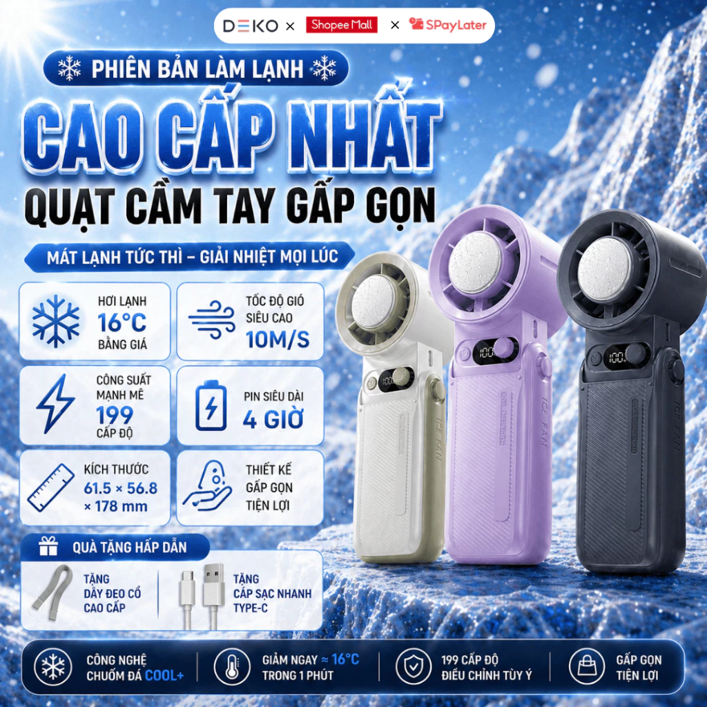 Quạt Mini Cầm Tay 199 Tốc Độ Gió Mini Quạt Di Động Có Dây Đeo, Tốc Độ Gió, Gấp Gọn Tiện Lợi