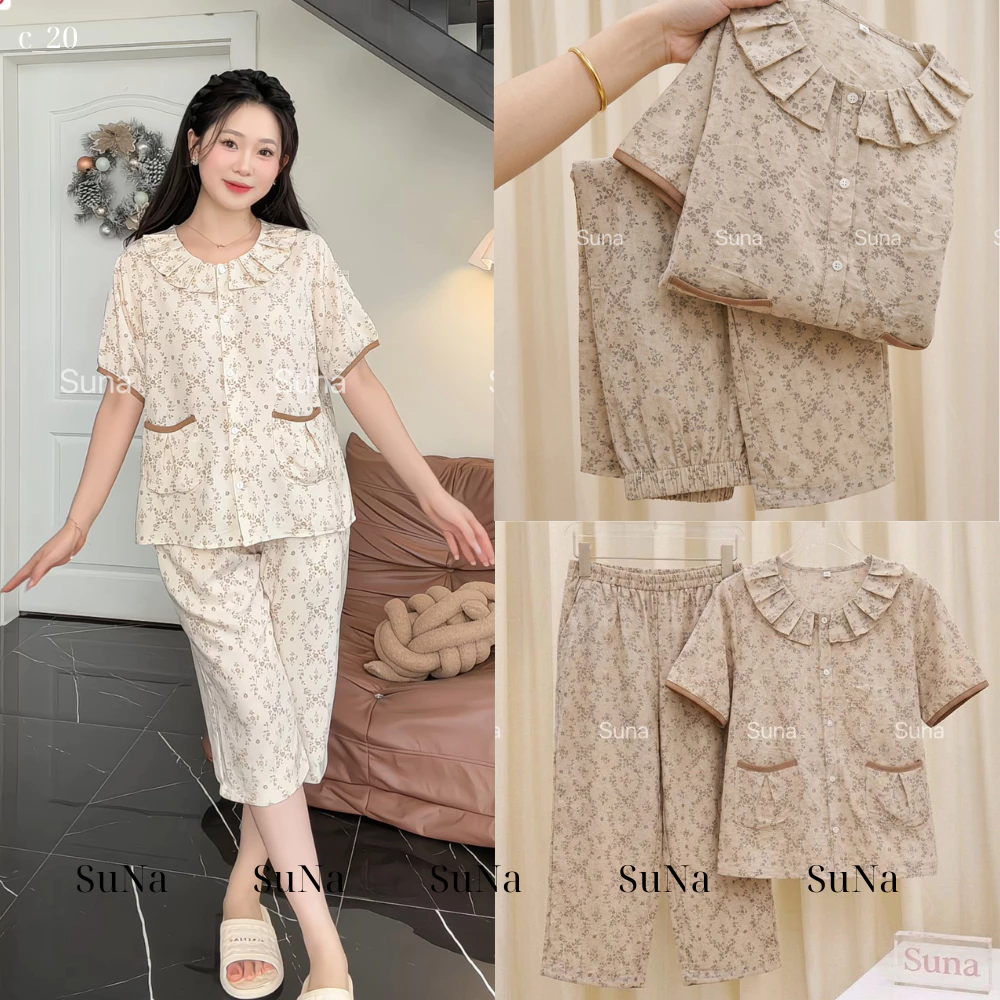 Đồ bộ mặc nhà Pijama nữ kẻ caro Suna Clothing cổ tròn,quần lửng,vải vân mây cáo cấp