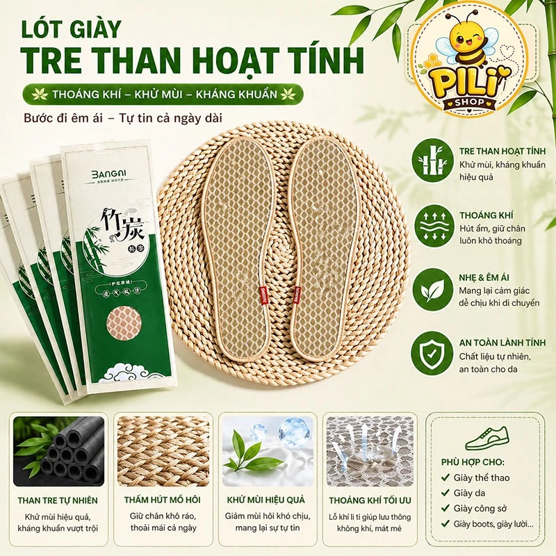 Bộ 2 Đế Lót Giày Bangai Bằng Lưới Than Tre Khử Mùi Kháng Khuẩn, Lót Giày Thoáng Khí Chống Hôi Chân