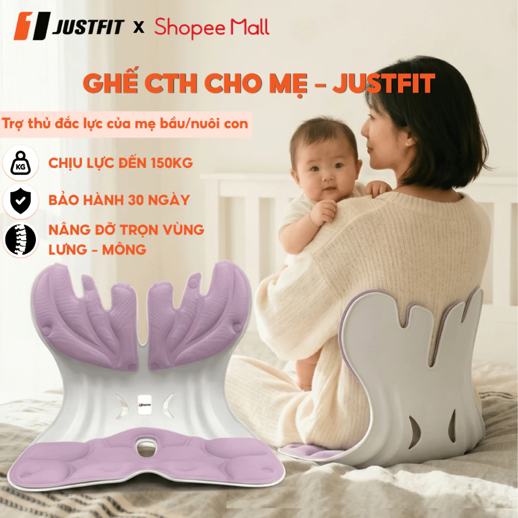 Ghế Công Thái Học Tựa Lưng Cho Bà Bầu JUSTFIT - Đệm Cao Su Non Giảm Đau Mỏi, Hỗ Trợ Mẹ Sau Sinh