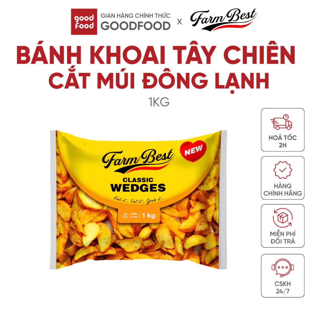 Khoai tây chiên múi cau, đông lạnh, có tẩm gia vị, Wedges hiệu Farm Best - Túi 1kg
