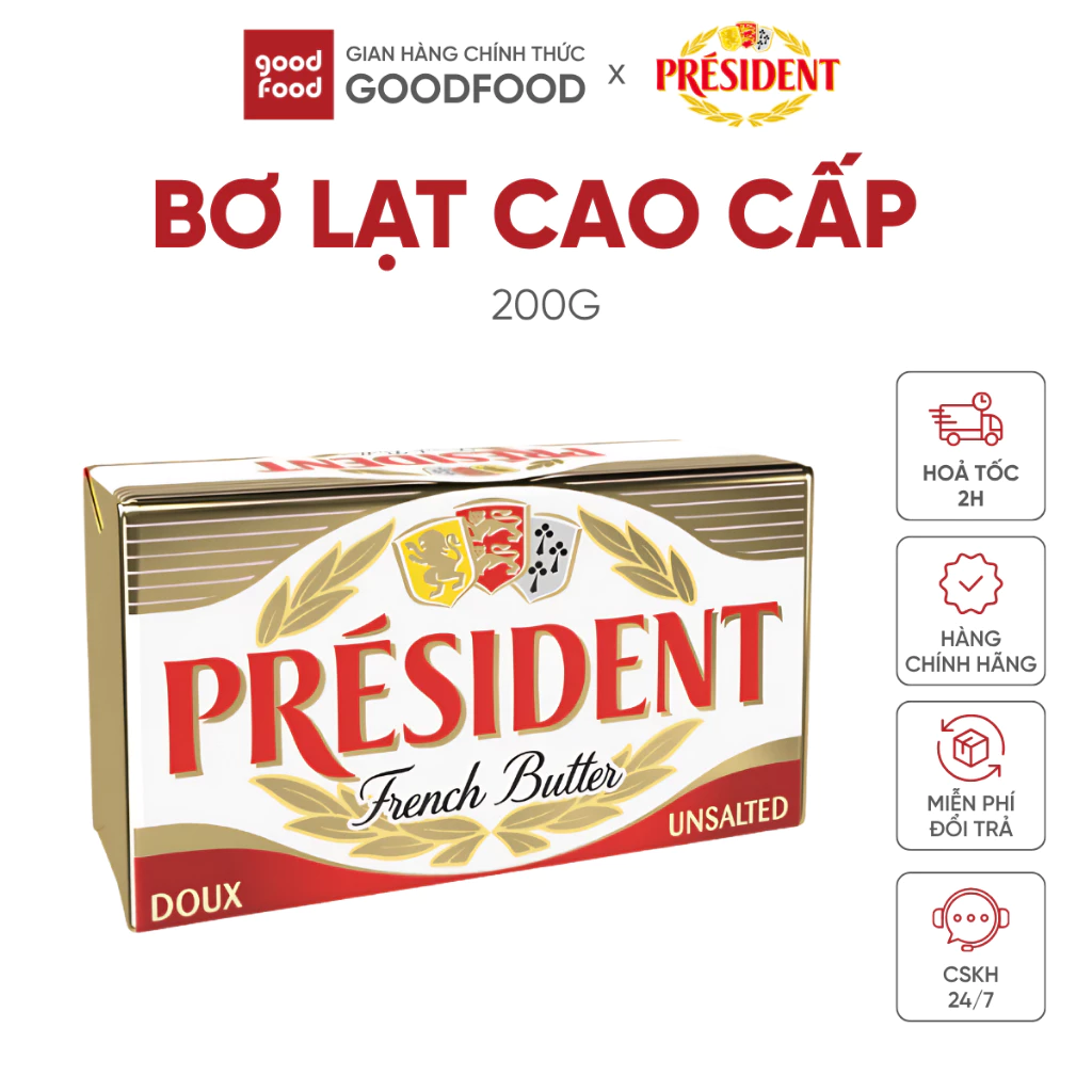 Bơ lạt cao cấp President nguyên khối 82% béo, nhập khẩu từ Pháp, đóng gói bằng nhôm chống rách - 200g