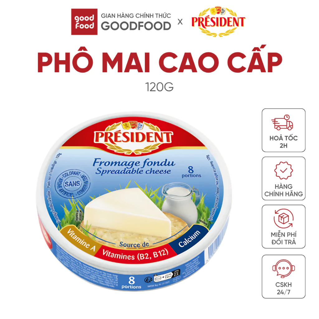 [Hộp 8 Miếng] Phô mai cao cấp President, ăn liền, nhập khẩu từ Pháp, bổ sung Canxi, Vitamin A,B,B12