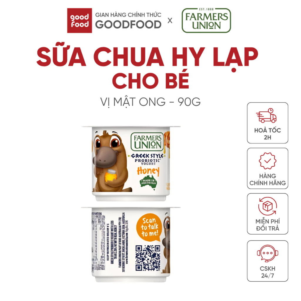 Sữa chua hy lạp Farmers Union cho bé, vị mật ong, dễ ăn. Greek Yogurt tốt cho hệ tiêu hóa 90g - 1 Hộp