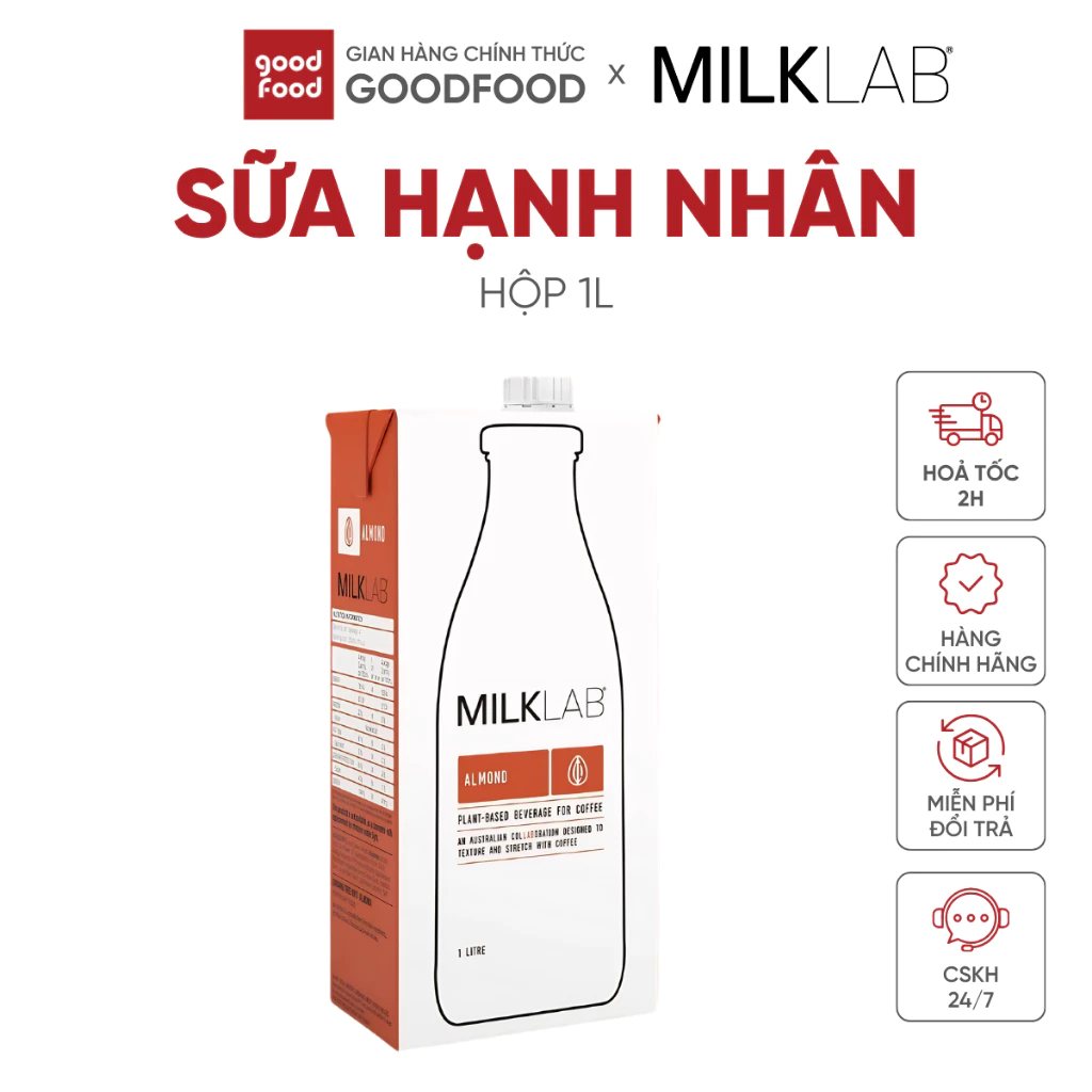 Sữa hạt hạnh nhân nguyên chất hàm lượng cao ít béo ít đường Milklab nhập khẩu từ Úc 1l - 1 hộp