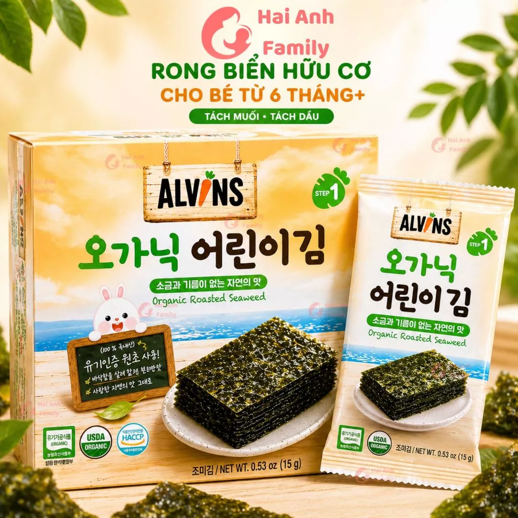Rong biển hữu cơ tách muối, tách dầu AlVINS cho bé từ 6 tháng nhập khẩu Hàn Quốc 06.2027