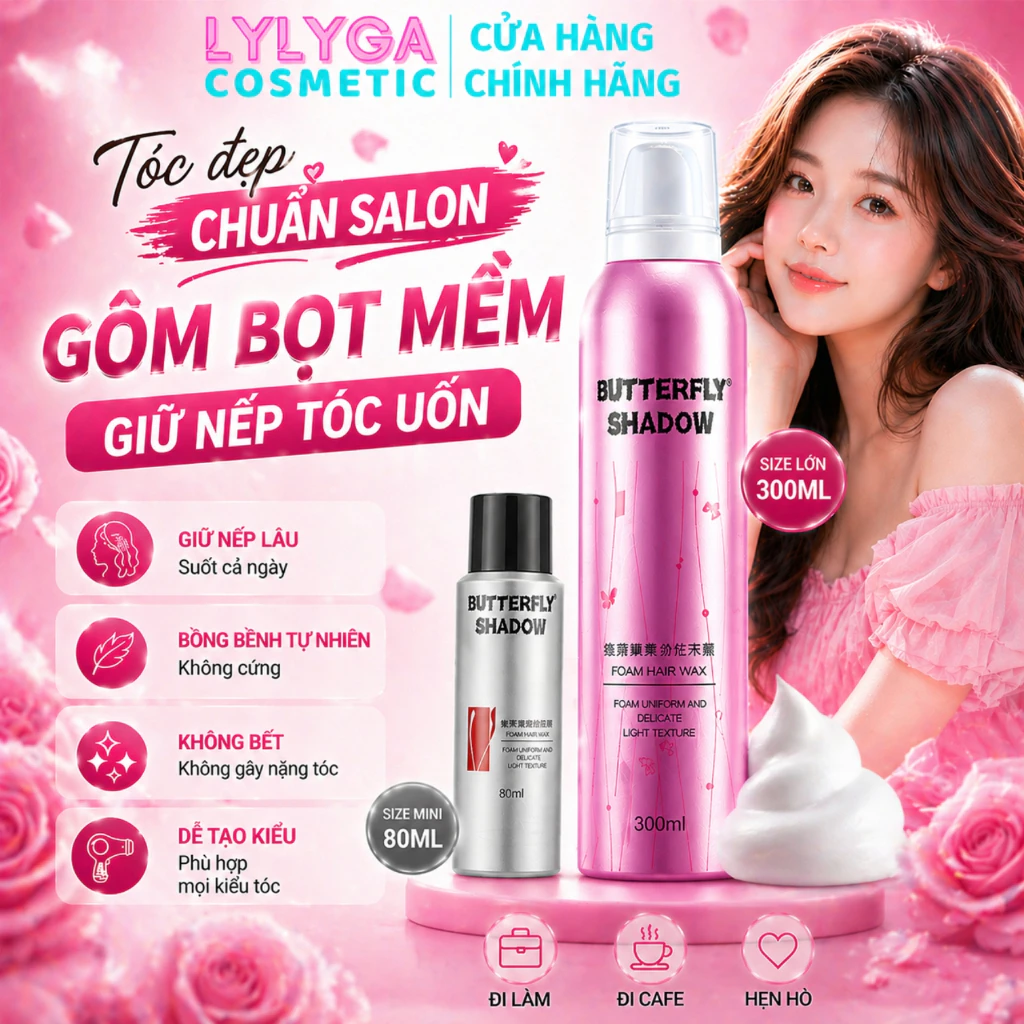 Gôm mềm giữ nếp tóc nữ Butterfly Shadow 300ml 80ml keo bọt dạng mềm tạo kiểu và giữ nếp tóc uốn xoăn tự nhiên bồng bềnh