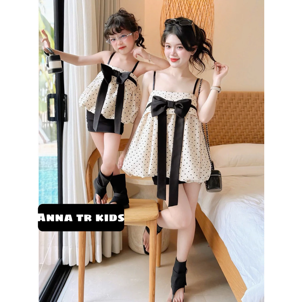 ( Ảnh Thật ) 92233 ĐỒ ĐÔI / COUPLE Mẹ và bé gái set váy bí chấm bi phối nơ mix cùng chân váy đen dễ thương mẫu mới 2026
