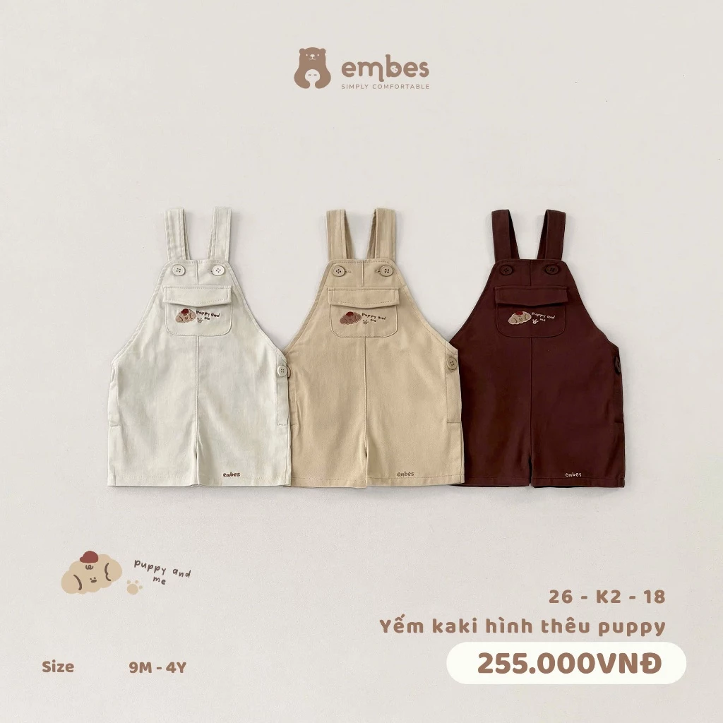 Yếm Quần Cho Bé Embes, Yếm Kaki Phối Túi Thêu Hình Chất Kaki Mềm Cho Bé Trai Bé Gái Size Từ 8-17Kg