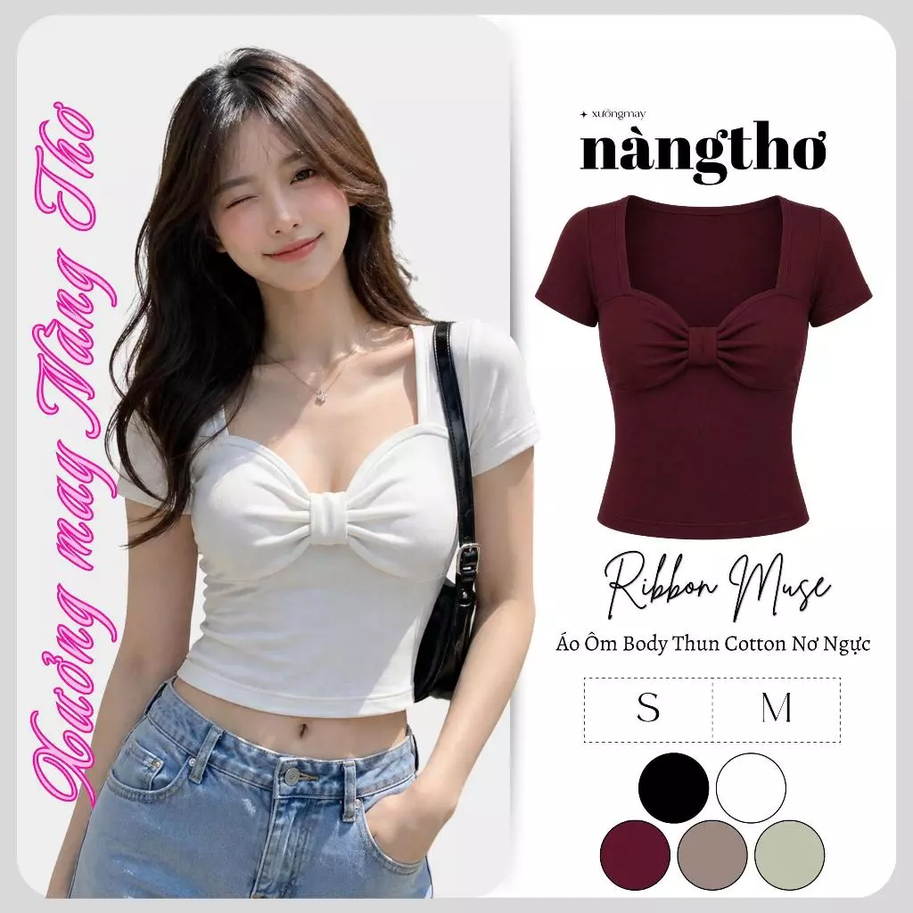 402 Ribbon Muse-Áo Ôm Body Cổ Tim Nơ Ngực Trendy Chất Thun Cotton Co Dãn