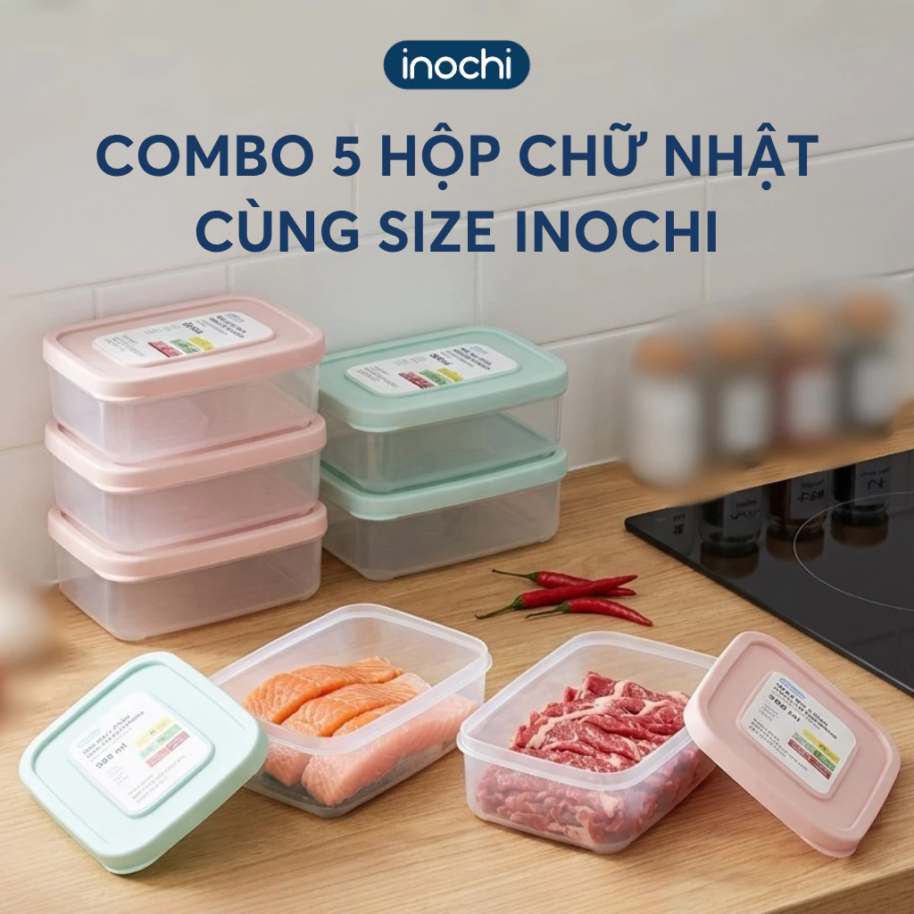 Combo 5 hộp chữ nhật cùng size Inochi đựng thực phẩm tươi  sống để trong tủ lạnh ( màu sắc bất kì)