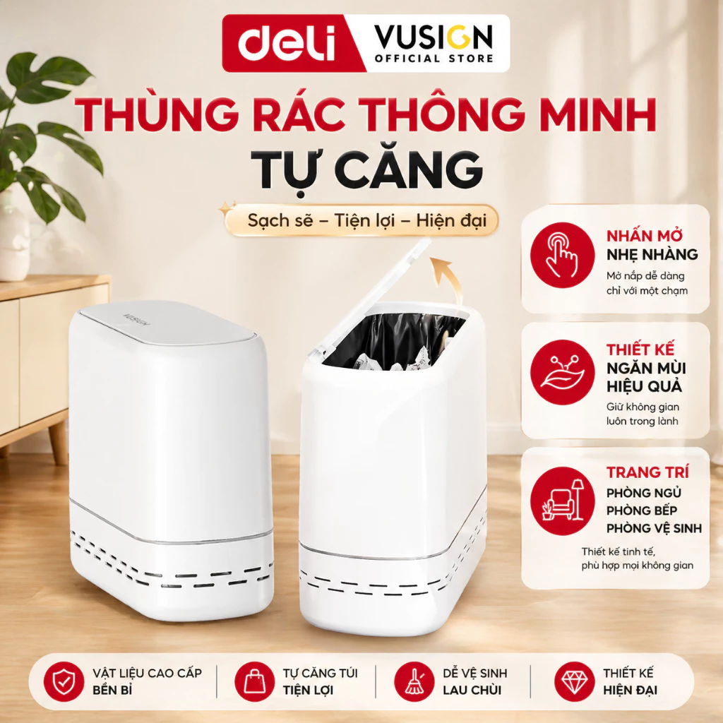 Thùng rác nhà tắm phòng ngủ DELIxVUSIGN ngăn mùi chống nước hiệu quả 12L/15L nắp kín tự căng