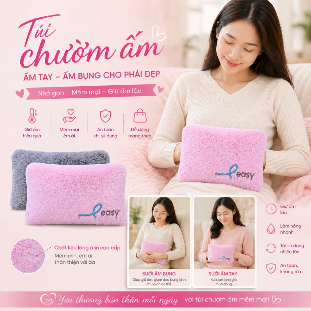 Túi sưởi tay, ấm bụng, chườm nóng EASY, Chất liệu nhung mềm mịn, sạc điện tự ngắt chống cháy nổ an toàn khi sử dụng