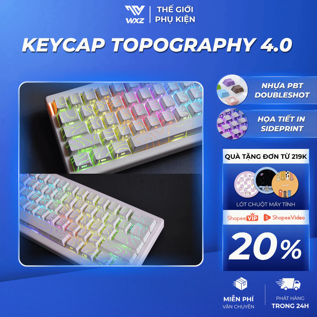 Keycap Xuyên LED Sideprint Topographic 4.0 PBT Doubleshot Cao Cấp, Profile Cherry Cho Bàn Phím Cơ