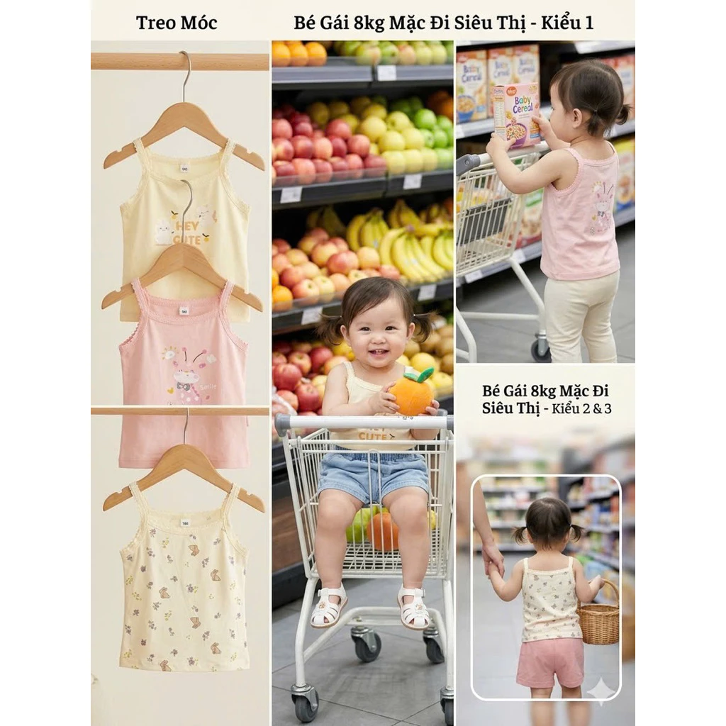 combo 3 áo 2 dây in hoạ tiết xinh xắn cho bé gái chất cotton mềm mịn thấm hút mồ hôi