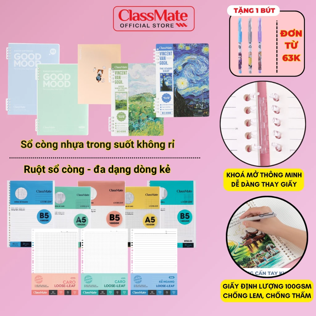 [Tặng Bút] Sổ Còng Classmate Binder Còng Nhựa Không Rỉ A5 B5 Ruột Giấy Refill 100GSM Kẻ Ngang/Caro/Chấm Sổ Van Gogh
