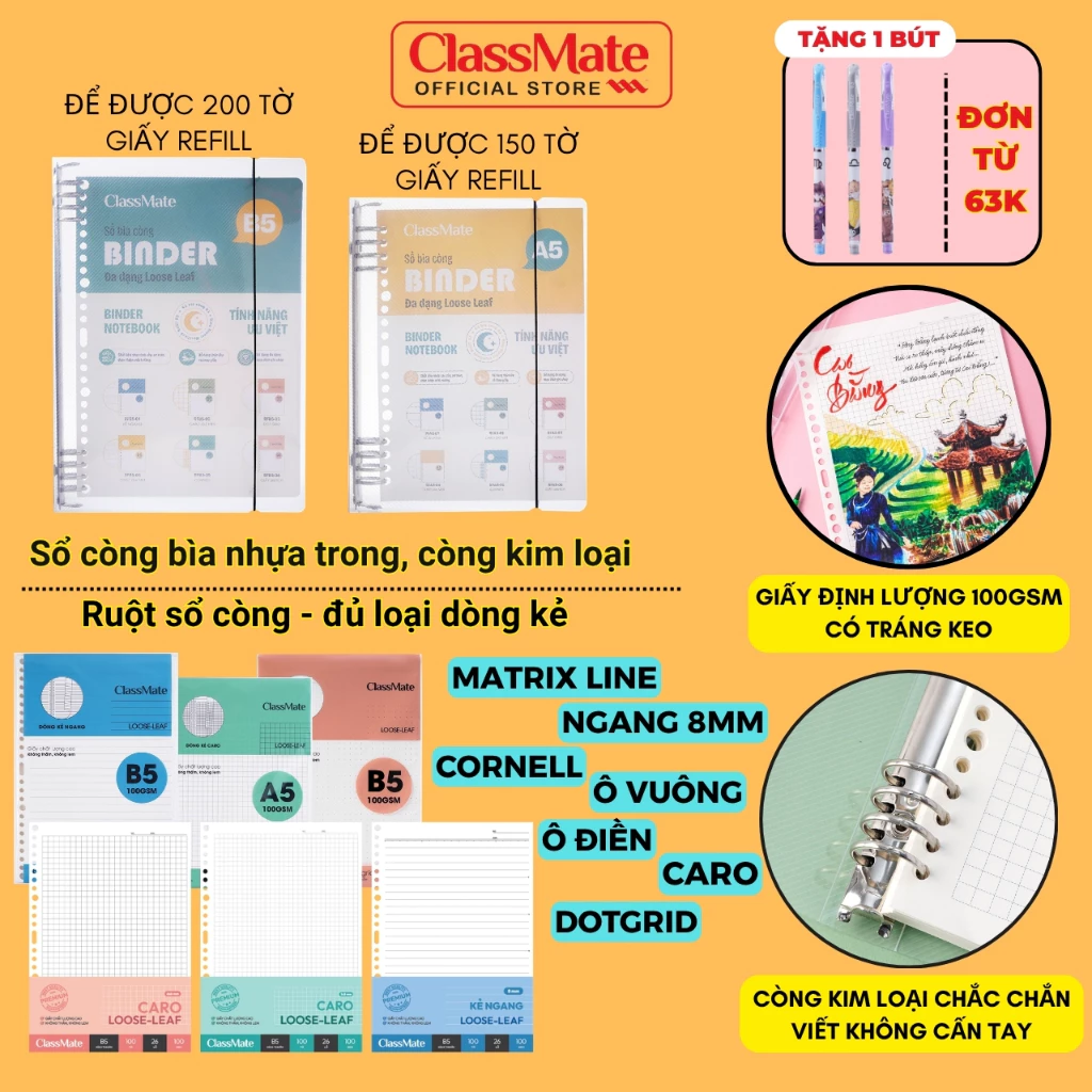 [Tặng 1 Bút] Sổ Còng Binder A5 B5 300/400 Trang Còng Kim Loại Thay Được Giấy Refill 100GSM Có Tráng Keo Đủ Loại Dòng Kẻ