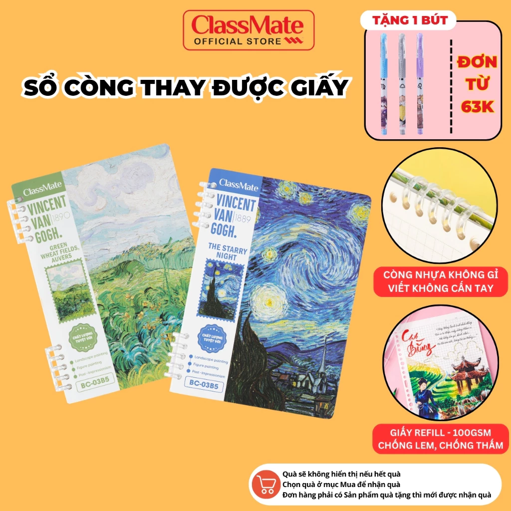 [Tặng Bút Gel] Sổ Còng Van Gogh 100GSM Binder Còng Nhựa Không Gãy Không Gỉ, Thay Được Giấy Refill Kẻ Ngang/Caro/Chấm