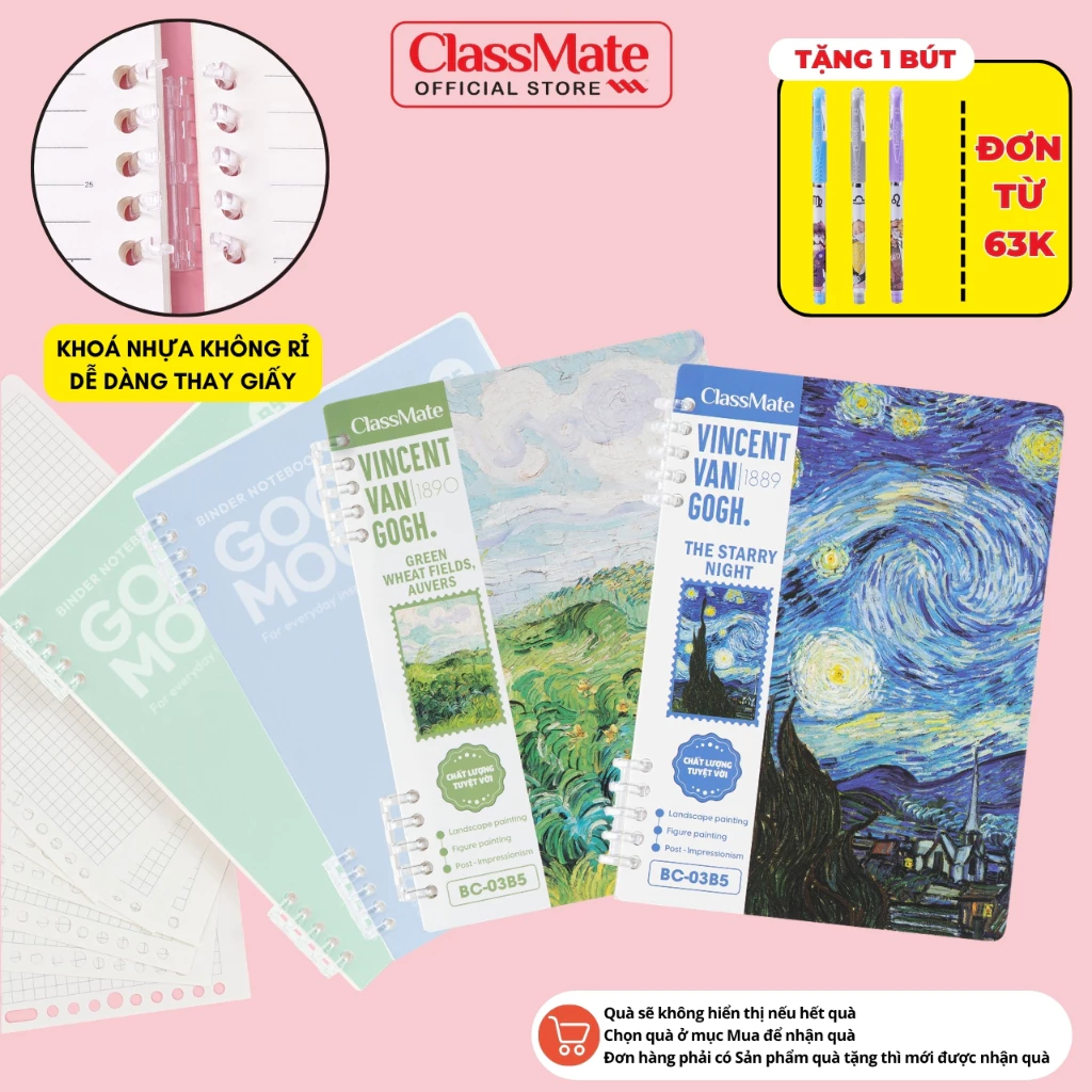 Sổ Còng 100GSM Van Gogh Binder A5 B5 Còng 2 Đầu Không Cấn Tay Không Gỉ Thay Được Giấy, Giấy Refill Kẻ Ngang Caro Cornell