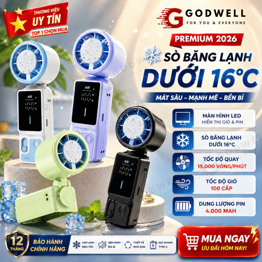 Quạt Cầm Tay Sò Lạnh, Màn LED 3000mah Sạc Nhanh, Quạt Tích Điện Mini 100 Tốc Độ Gió Siêu Cấp