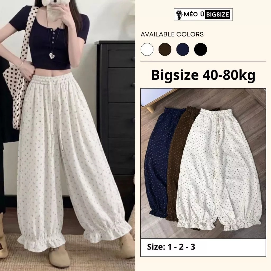 Quần bom thụng nữ BIGSIZE Mèo Ú quần ống rộng cạp chun có dây rút bo gấu bèo họa tiết hoa nhí dễ phối đồ 995