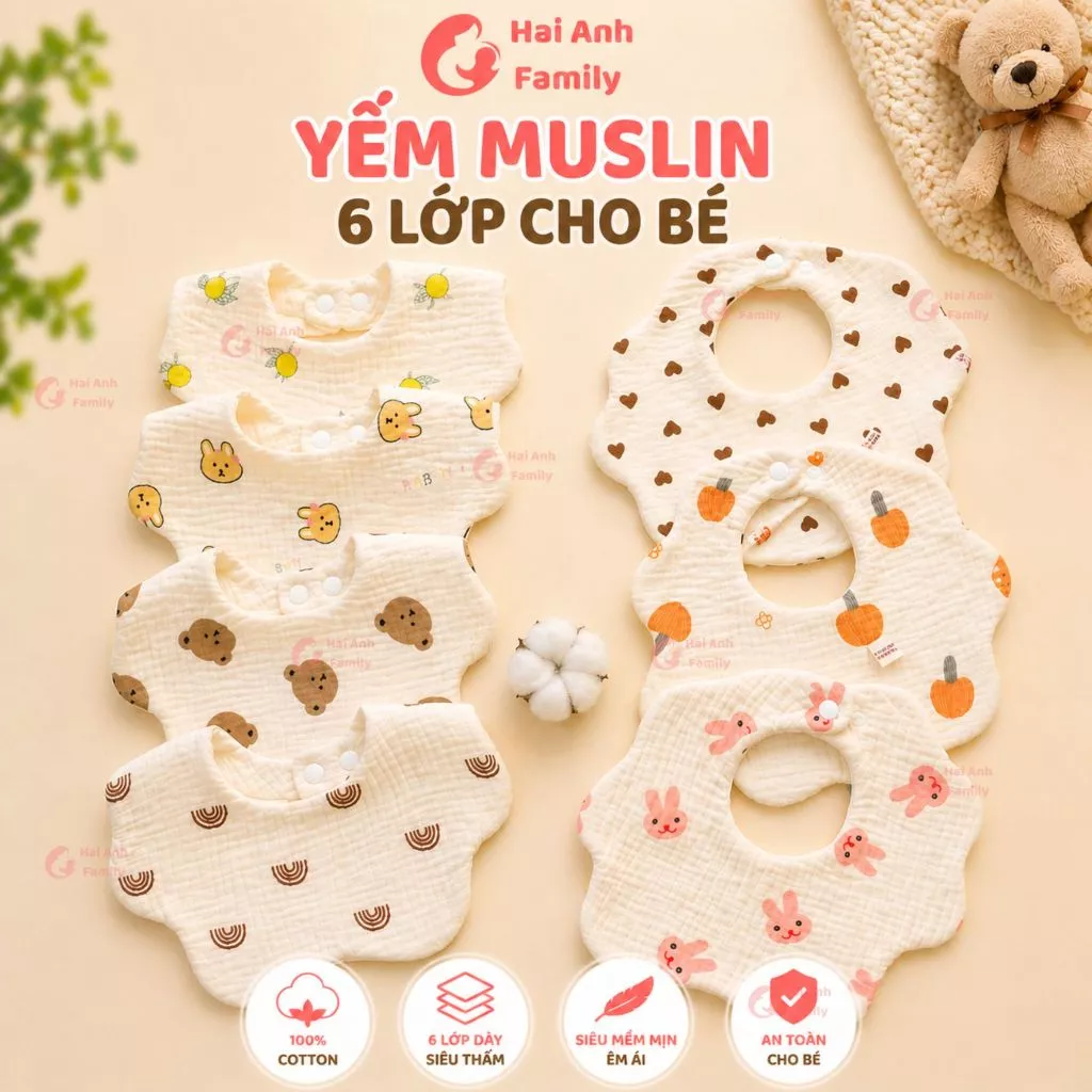 Yếm tròn xô Muslin 6 lớp xoay 360 độ cao cấp, mềm mại, thấm hút tốt, an toàn cho bé