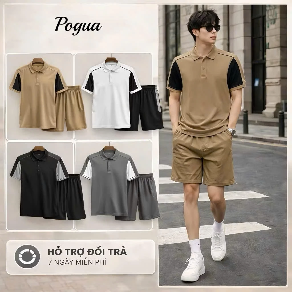 Bộ đồ nam áo thun có cổ tay ngắn POGUA vải CVCcá sấu mới pha phối màu sắc tương phản Polo quần short nam - PV62