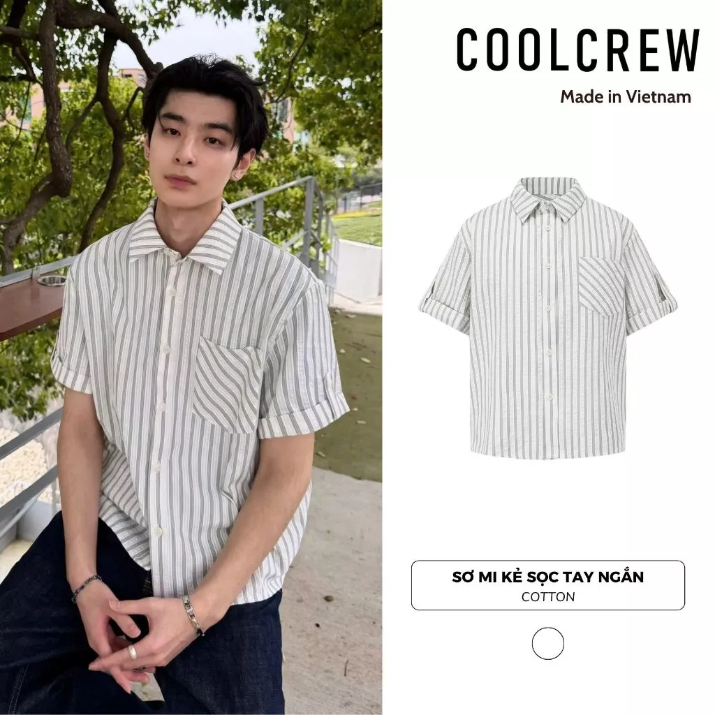 Áo Sơ Mi Kẻ Sọc Tay Ngắn 𝐂𝐎𝐎𝐋𝐂𝐑𝐄𝐖 Basic Form Boxy Thoáng Mát Phong Cách Hàn Quốc Unisex AMN143