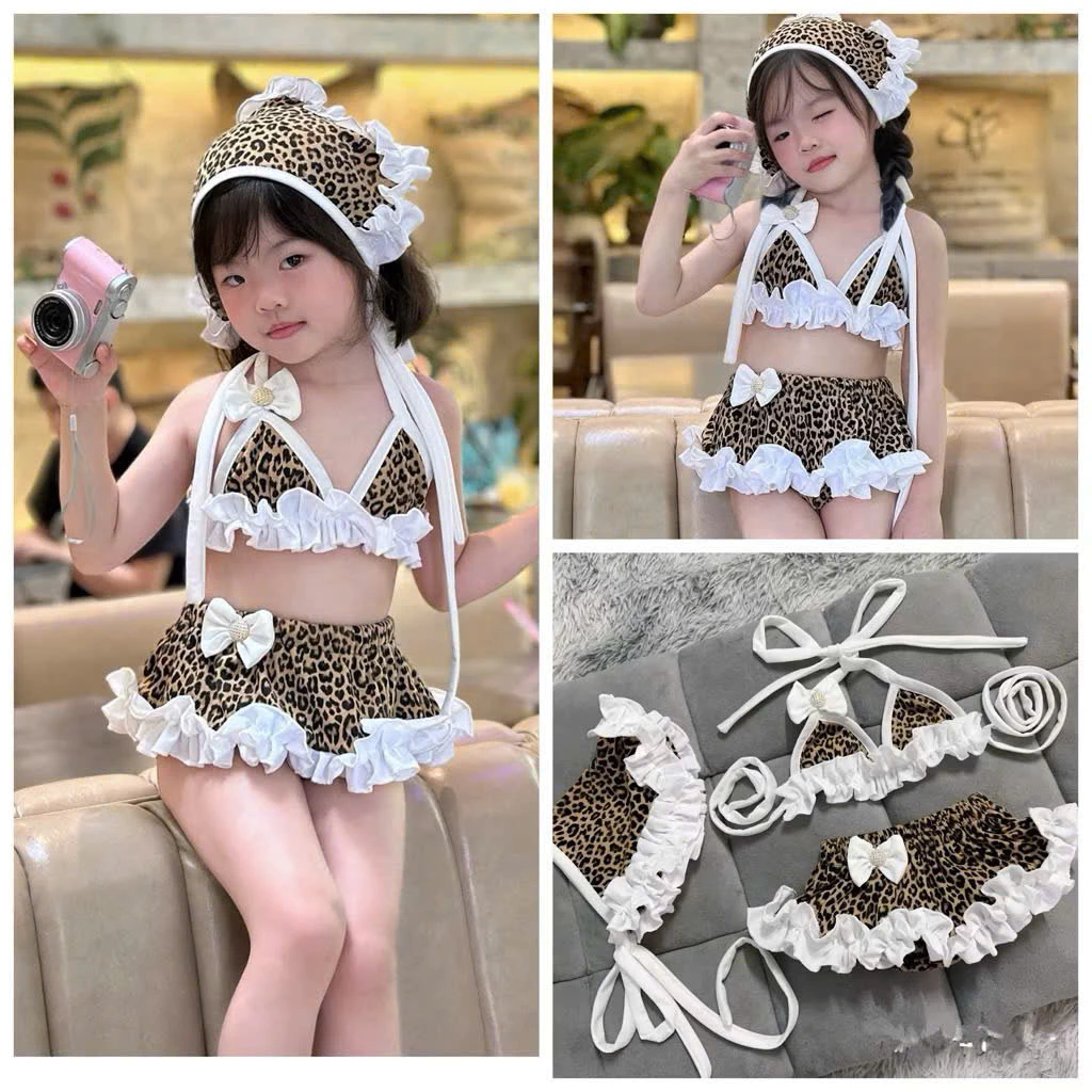 [Mới Về ] Set đồ bơi bikibi 3 chi tiết da beo xinh xắn cho bé gái diện đi bơi ,đi biển