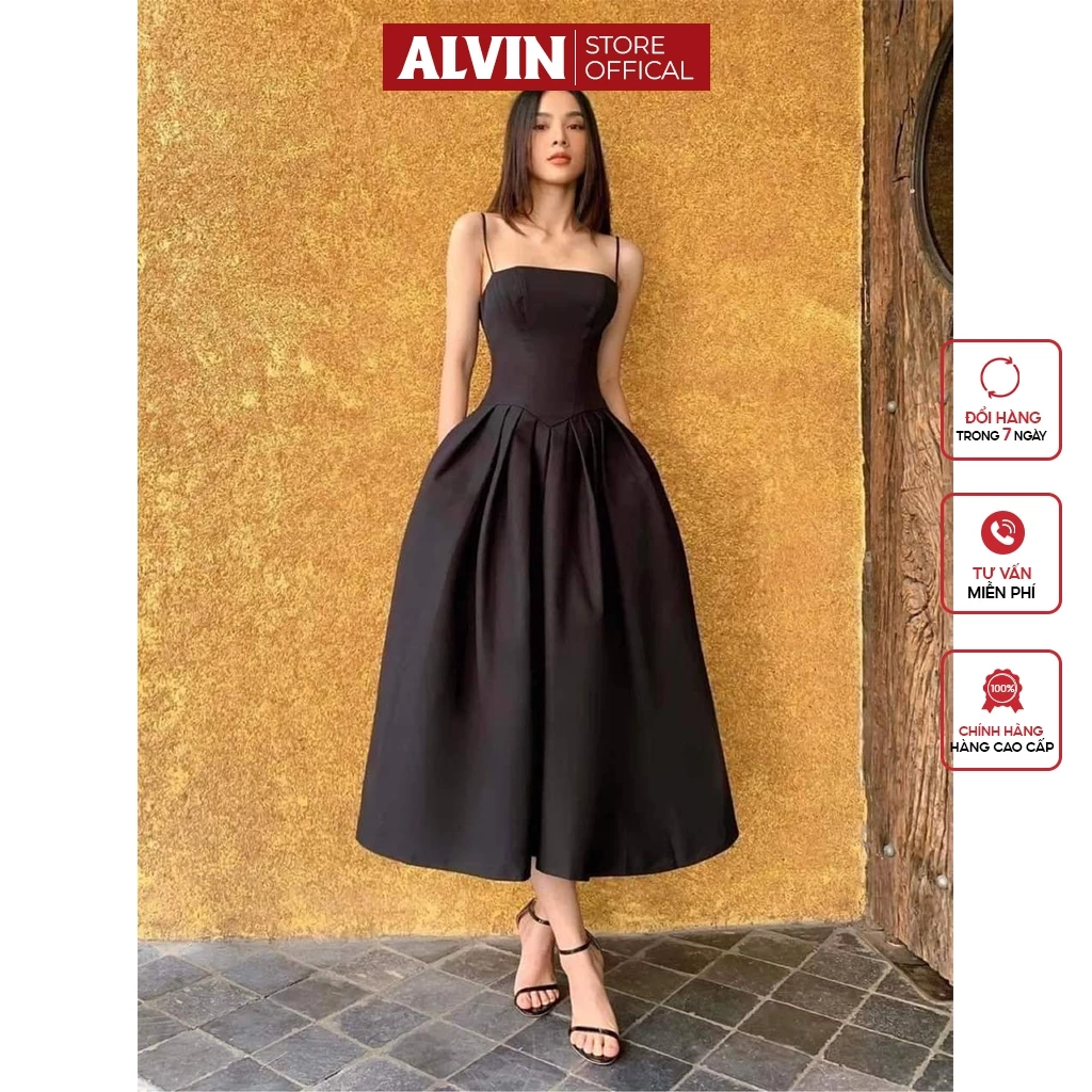 Đầm xòe dài hai dây cúp phối túi Alvin Store 1542