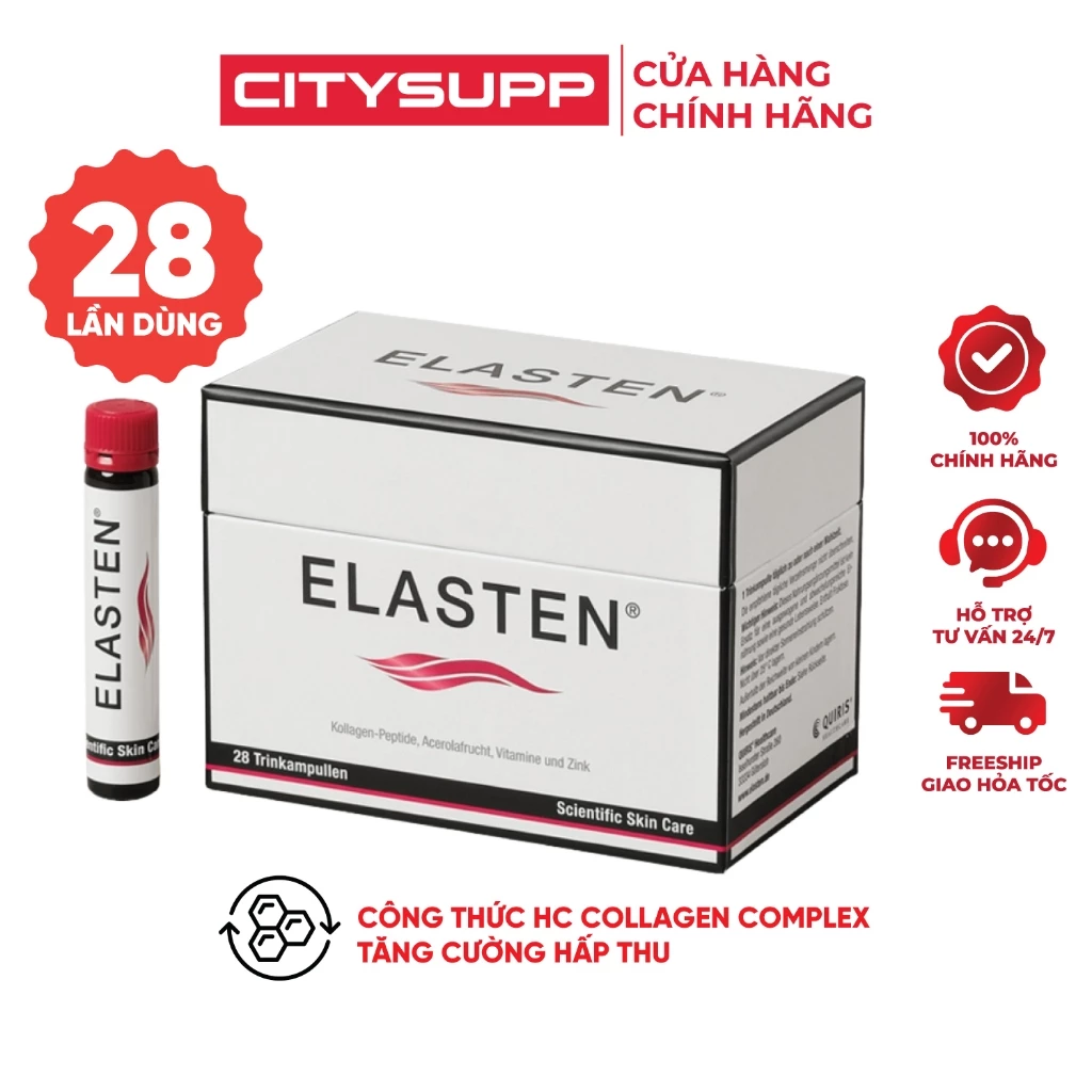 Collagen Dạng Nước Collagen Elasten (Hộp 28 ống x 25ml) Giúp Da Căng Mịn, Chống Lão Hóa, Tóc Chắc Khỏe