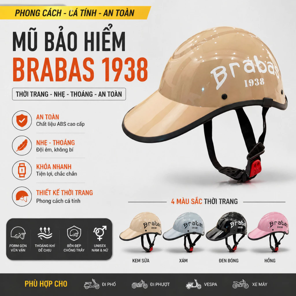 Mũ bảo hiểm thời trang Brabas khoét sau Mẫu Mới cho Nam Nữ đủ màu cao cấp - Minh Khôi Shop