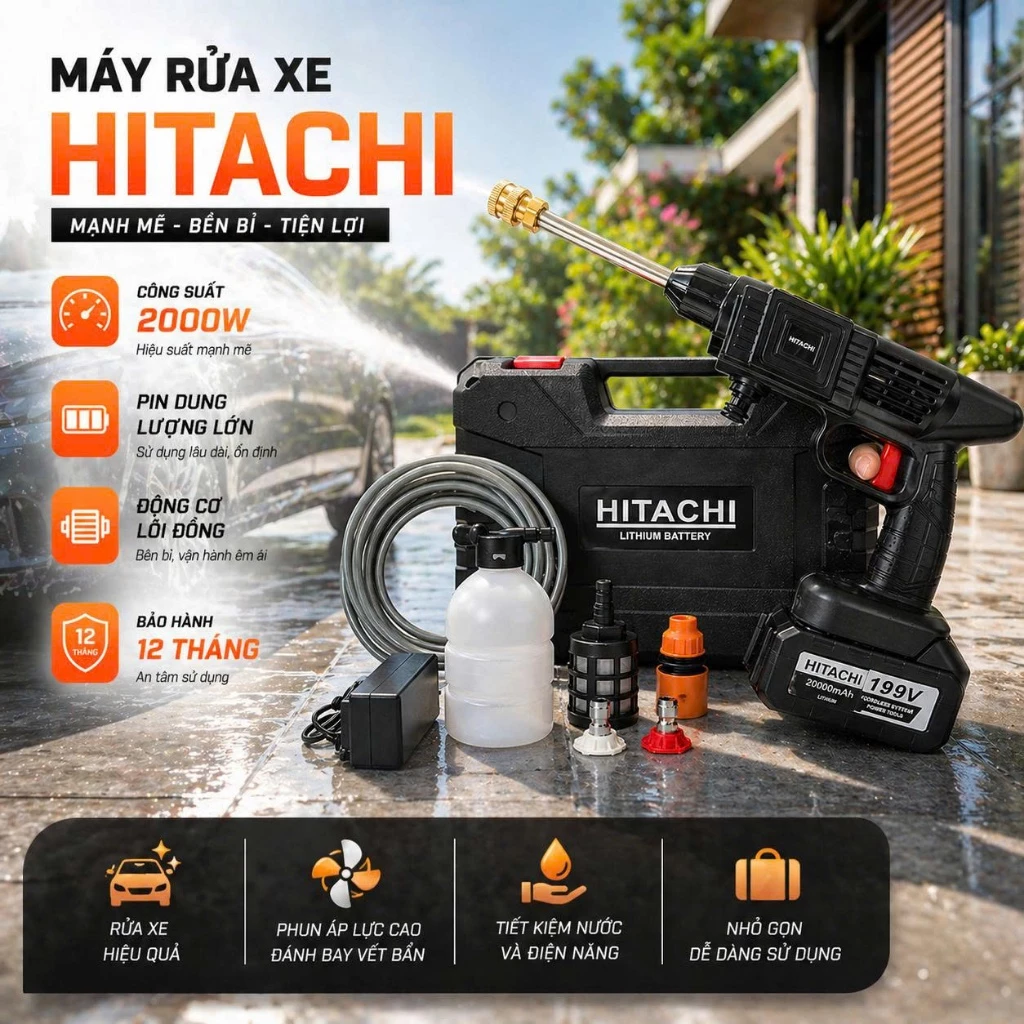 Máy rửa xe HITACHI chính hãng - Máy rửa xe cầm tay áp lực cao 2 pin 199v - Máy xịt rửa xe, sân vườn tiện lợi