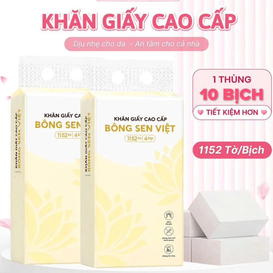 Thùng 10 Bịch Khăn giấy Rút Bông Sen Việt 4 lớp treo tường 1100 tờ