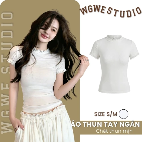 WGWE Studio Áo Thun Nữ Cổ Lọ Pha Ren – Form Ôm Tôn Dáng, Nữ Tính Thanh Lịch 9286