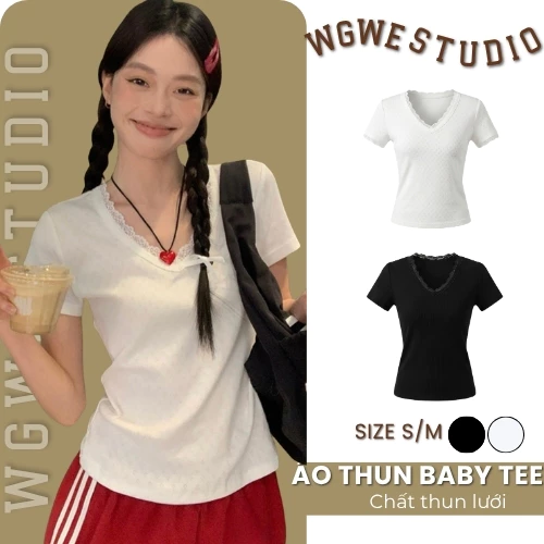 WGWE Áo Thun Nữ Cổ Tim Phối Ren 9277 – Tay Ngắn, Chất Thun Lưới Mềm Mịn, Tôn Dáng