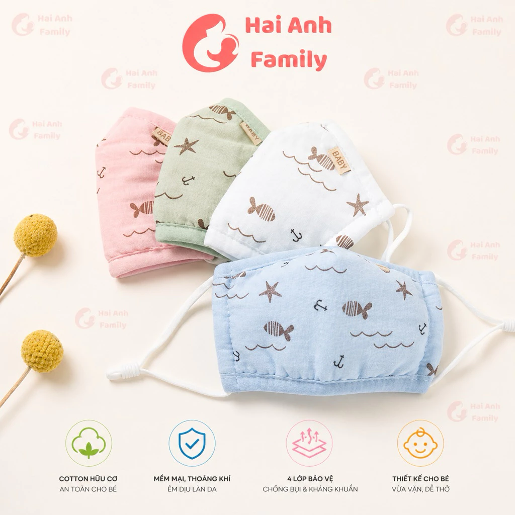 Khẩu trang cotton hữu cơ cho bé 3D xuất Hàn với 4 lớp chống bụi cho bé 0-8 tuổi