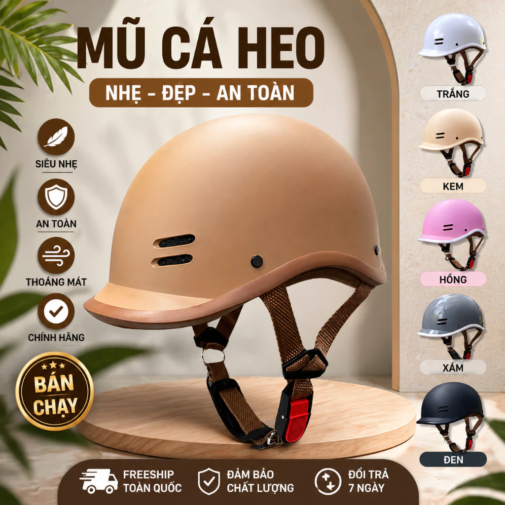 NÓN BẢO HIỂM NỮA ĐẦU KIỂU DÁNG CÁ HEO GỌN NHẸ CÁ TÍNH - 10 LỖ DÀY ĐẸP Người lớn