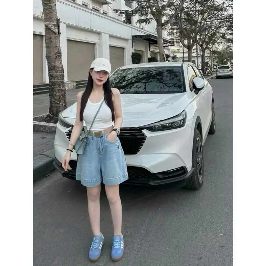 ( Cạp Khóa Trước Chun Sau) Quần Sóc Jean Nữ Thêu N.gựa Cạp Khoá Trước Chun Sau Không Kèm Đai, Vải Jean Mềm Mịn