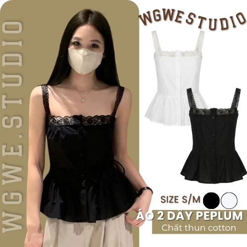 WGWE Studio Áo 2 Dây Nữ Cổ Vuông Phối Ren – Áo Kiểu Linen Tiểu Thư 8676