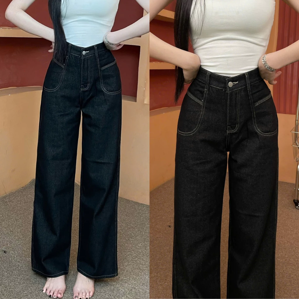 Quần Jean Nữ Ống Rộng Màu Xám Lưng Cạp Cao Túi Tròn Vải Cotton Mềm Mát Không Co Giãn Q443