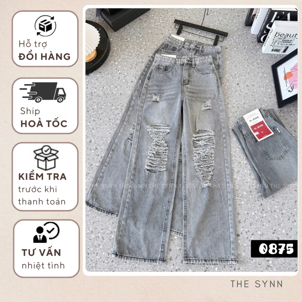 Q14 - Quần Jeans Nữ Ống Suông Vải Mềm Phối Rách Màu Xám Form Suông Basic Thoải Mái