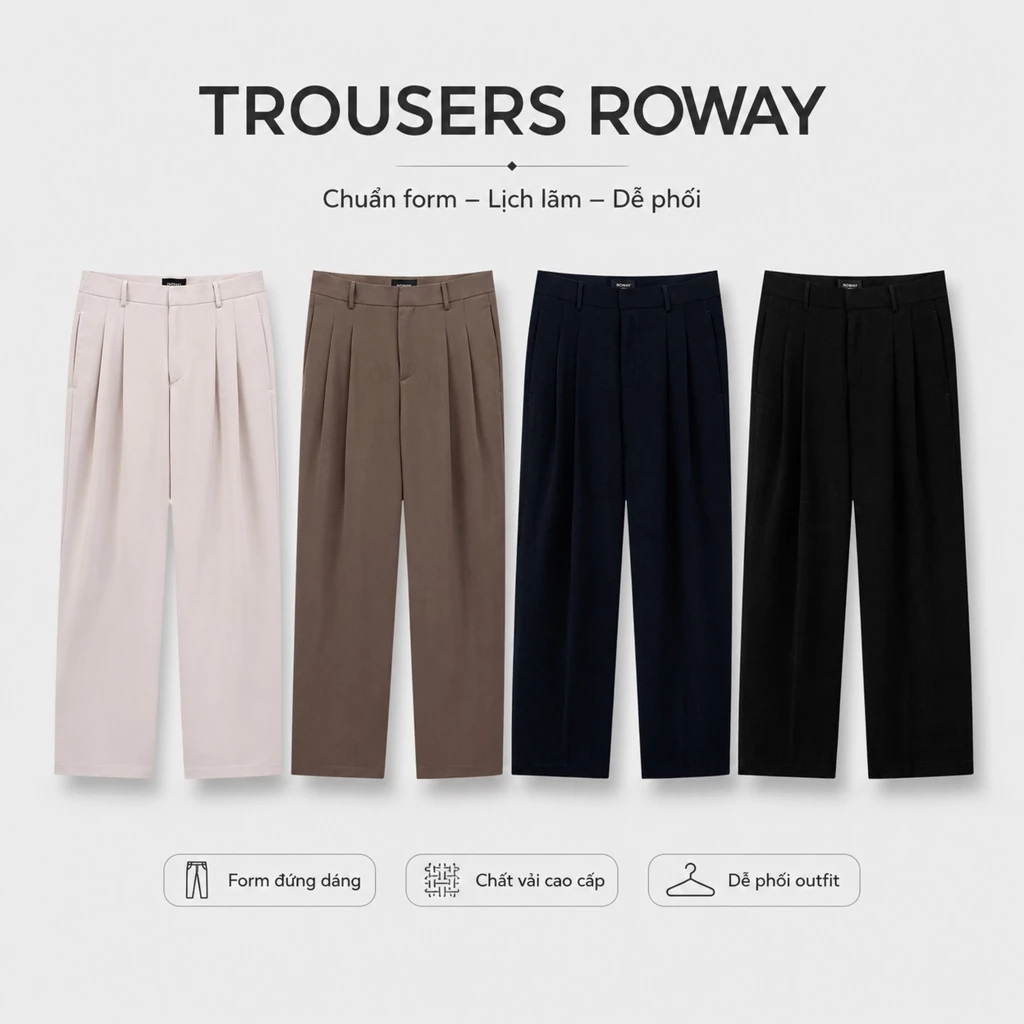 Quần âu nam ROWAY vải chéo Hàn, co giãn nhẹ, Basic Trousers