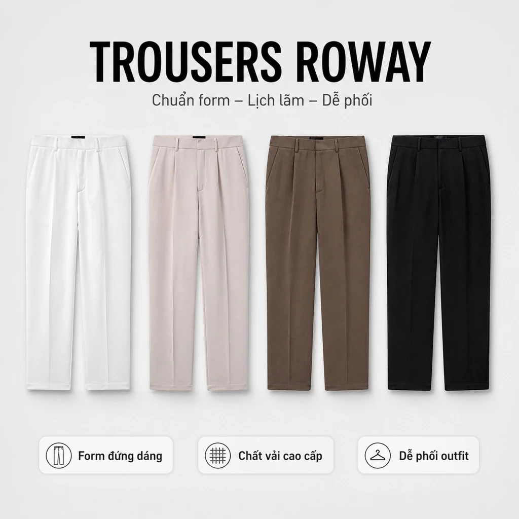 Quần âu nam ROWAY vải chéo Hàn, co giãn nhẹ, form Slim crop